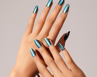 30 Pieces Midnight Blue Press On Nails | Glitter Cat Eye Nails |Glossy Acrylic Oval Tips Salon Easy Apply | Dark Teal Nail Set | Party Nails