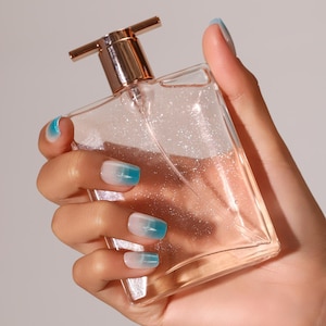 30 Pieces Blue French Tip Press On Nails | Ombre Square Acrylic Fake Nails | Glossy Gradient Nails | Reusable French Nail Blue Glitter Beige