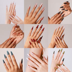 May include: Nine images showcasing long, pointed artificial nails in various metallic colors. The colors include silver, rose gold, black, red, gold, and iridescent shades. The nails have a glossy finish and are displayed on different skin tones.