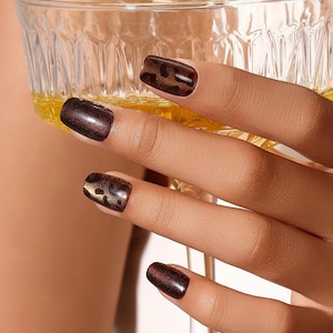 30 Pieces Brown Leopard Press On Nails | Glossy Fall Acrylic Fake Nails | Handmade Animal Print Nails | Reusable Salon Nail Set Glossy Brown