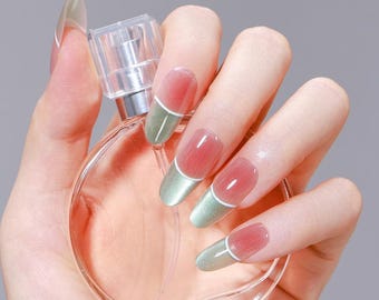 30 Stück Minzgrün & Pfirsich Color Block Press On Nails Glänzende zweifarbige Nägel - French Nails Langes ovales wiederverwendbares Nagelset, Sommergeschenk für Sie