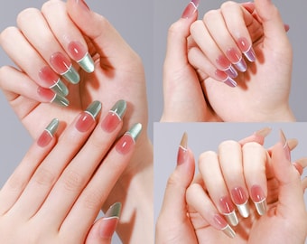 30 Stück Gold & Coral Color Block Press-On Nägel | Glänzende zweifarbige quadratische Form | Schimmernde Long Wear Wiederverwendbare PMMA Acrylnägel