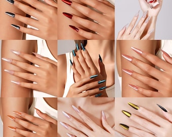 Lange Stiletto Cat Eye Drücken Sie auf die Nägel Magnetische Gefälschte Nägel Wiederverwendbare Gel Acryl Press Ons Handgemachte Feste Farbe Nägel Salon-Look, Feste Farbe