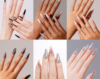 Lange Coffin Metallic Gunmetall Chrom Press-On Nägel - Coffin Form, hochglänzende Salon-Qualität, wiederverwendbare künstliche Nagel-Set Glänzende schwarze Nägel