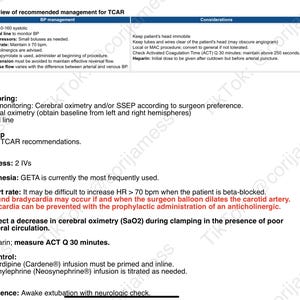 Könnte beinhalten: Medizinisches Dokument mit Empfehlungen zum Management von TCAR-Verfahren. Der Text umfasst Richtlinien für das Blutdruckmanagement, die Überwachung, die Anästhesie und das Aufwachen, mit spezifischen Anweisungen.