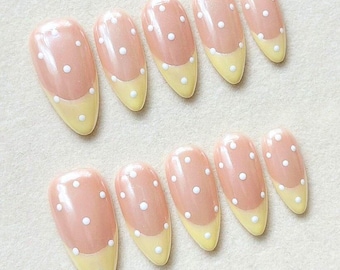 Yellow French Tip Press On Nails White Polka Dot Art Nails Pastel Yellow Summer Aesthetic Custom Handmade Reusable Fake Nails