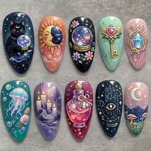 Uñas postizas de brujería celestial, uñas de lujo pintadas a mano con gato mágico y poción, uñas místicas de adivina hechas a mano.
