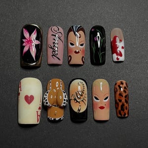 Y2K Funky Press On Nails, Abstract Girl Art Nails, Leopard Print Nails, Unique Statement Nail Set