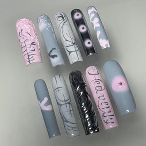 Edgy Pink and Gray Press On Nails | 3D Textured Metallic Fake Nails | Cyber Goth Aesthetic Nails | Reusable Luxury Custom Nail Art Se