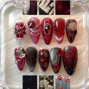 Handmade Vampire Baroque Press On Nails, 3D Ruby Red Rose and Pearl Nail Art, Gothic Victorian Jewelry Nails, Luxury Reusable False Nails