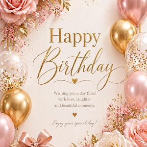 May include: A birthday greeting card with the words "Happy Birthday" in gold script. The card is decorated with pink and gold balloons, roses, and a gift box with a pink ribbon. The text reads "Wishing you a day filled with love, laughter and beautiful moments."