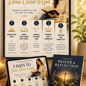 May include: A devotional set featuring a book, a tablet, and a wall art piece. The theme is "5 Days to Draw Closer to God," with related text and illustrations. The book cover displays a cross and a path leading to a sunset.
