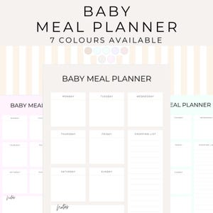 Könnte beinhalten: Ein Baby-Essensplaner mit dem Text "BABY MEAL PLANNER" und "7 COLOURS AVAILABLE". Der Planer hat Abschnitte für jeden Wochentag, eine Einkaufsliste und Notizen. Der Hintergrund hat vertikale Streifen.