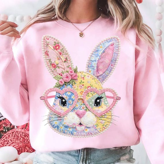 Floral Bunny Faux Patchwork Shirt, Trendy Easter Shirt, Floral Retro Easter Shirt, Cottage Core Gingham Shirt , Easter Spring Bunny Shirt