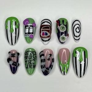 Beetlejuice Press On Nails, 3D Halloween Nails, Glow Green Stripe Press On Nails, Gothic Horror Nail Art Set