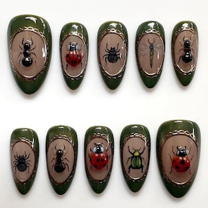 Insect Nail Art Press On Nails, Ladybug, Dragonfly, Beetle, Spider Design, Unique Handmade Nails, Forest Bug Press On Nails