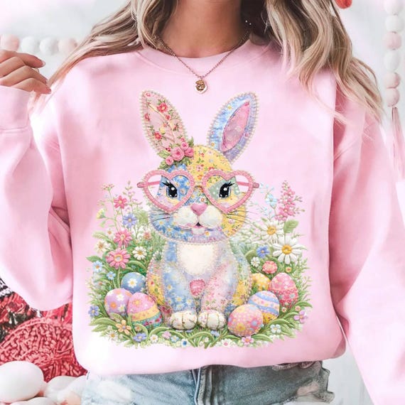 Floral Bunny Faux Patchwork Shirt, Trendy Easter Shirt, Floral Retro Easter Shirt, Cottage Core Gingham Shirt , Easter Spring Bunny Shirt