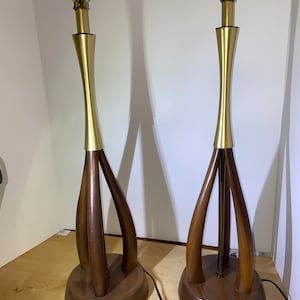 Pair Atomic Danish Modeline Rare Mid-century Walnut Brass Table Lamps Nice!