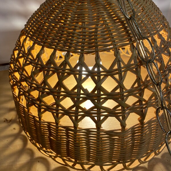 Vintage Rattan Hanging Light Larger Scalloped Edge Weave