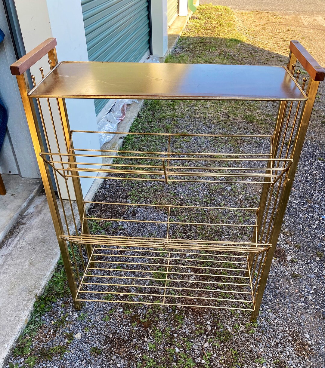 Vintage MCM Bookshelf Media Shelves Walnut Brass Wire Atomic Etsy