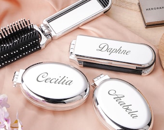 Spersonalizowany składany grzebień z lusterkiem, kieszonkowy grzebień do włosów z imieniem i lusterkiem, składany grzebień do włosów z lusterkiem, prezenty dla druhen, prezent dla niej