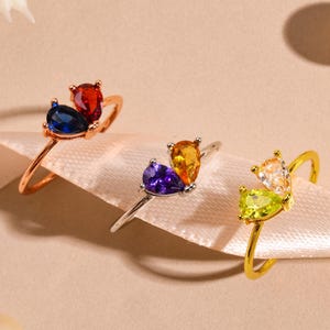 Anillo personalizado con piedra natal en forma de corazón, anillo para madres, regalo para el Día de la Madre, anillo apilable personalizado, joyería con doble piedra natal, regalo para mamá, regalo para ella