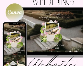 May include: A wedding website design displayed on a laptop and smartphone. The design features a photo of a couple, floral arrangements, and the text "Adrian & Christina are getting married!" and "Manhattan, New York, April 2, 2027."