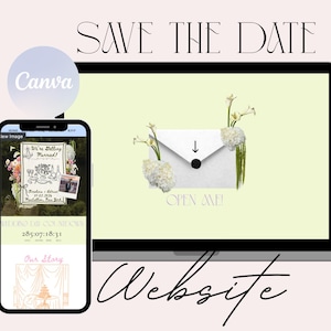 以下が含まれることがあります： ラップトップとスマートフォンを備えたデジタル結婚発表のデザイン。ラップトップには、矢印と「OPEN ME！」というテキストが入った白い封筒が表示されます。スマートフォンには、結婚式のカウントダウンと詳細が表示されます。「SAVE THE DATE」と「Website」という単語も表示されます。