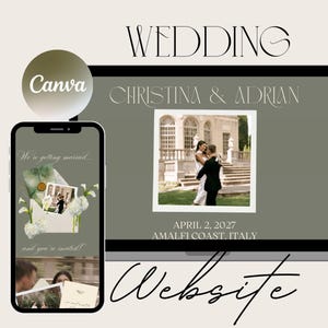 May include: A wedding announcement design with a laptop and a smartphone. The laptop displays a photo of a couple, the names "Christina & Adrian", and the date "April 2, 2027, Amalfi Coast, Italy". The smartphone shows a wedding invitation.
