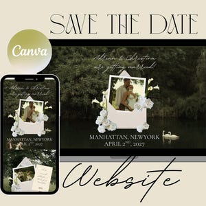 May include: Digital wedding announcement displayed on a laptop and smartphone. The design includes a photo of a couple, floral decorations, and the text "Save the Date." The announcement includes the names Adrian & Christina, and the wedding date and location.