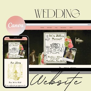 Puede incluir: Diseño de sitio web de boda que se muestra en una computadora portátil y un teléfono inteligente. El sitio web presenta un esquema de color rosa y blanco con el texto "We're Getting Married!" y los nombres Christina y Adrian. La palabra "Wedding" está en la parte superior.