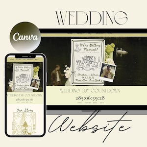 Puede incluir: Diseño de sitio web de boda que se muestra en una computadora portátil y un teléfono inteligente. El sitio web presenta un temporizador de cuenta regresiva, detalles de la boda y el texto "We're Getting Married!" en una fuente decorativa. La palabra "Wedding" está en la parte superior.