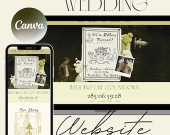 May include: A wedding website design displayed on a laptop and smartphone. The website features a countdown timer, wedding details, and the text "We're Getting Married!" in a decorative font. The word "Wedding" is at the top.