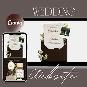 Puede incluir: Un diseño digital de invitación de boda que se muestra en una computadora portátil y un teléfono inteligente. La invitación presenta los nombres "Christina & Adrian" con los detalles del evento. La palabra "Wedding" está en la parte superior y "Website" está escrito en script en la parte inferior.