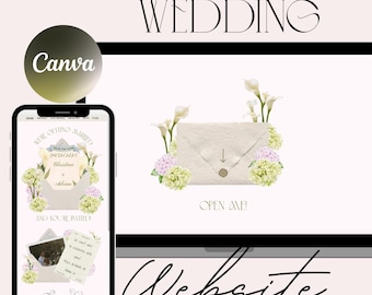 May include: A digital design for a wedding website, displayed on a laptop and smartphone. The design features an envelope with floral accents and the words "Open Me!" The word "Wedding" is at the top, and "Website" is at the bottom.