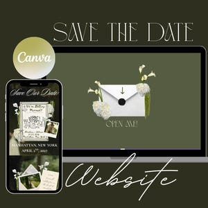 May include: Digital wedding invitation design showing a laptop and smartphone with a "Save the Date" message. The design includes an envelope with flowers, the text "OPEN ME!", and the Canva logo. The date is April 2nd, 2027.