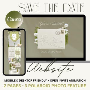 Puede incluir: Un diseño de invitación de boda digital que se muestra en una computadora portátil y un teléfono inteligente. El diseño presenta un sobre en relieve floral, fotos polaroid y el texto "Save the Date" y "Website". El diseño es compatible con dispositivos móviles y de escritorio.