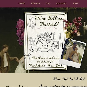 May include: Wedding website design in dark purple and beige. The design features a hand-drawn wedding scene illustration, a photo of the couple, and the text "We're Getting Married!" and "Christina + Adrian 04.02.2027 Manhattan, New York."