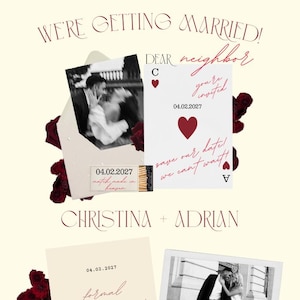 May include: Wedding invitation design with a cream background, featuring photos, text, and floral accents. The text includes "We're Getting Married!" and the names "Christina + Adrian." The date "04.02.2027" is also visible.