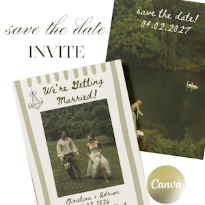 May include: Two wedding invitation cards with the text "save the date" and "INVITE". One card features a couple and the text "We're Getting Married!". The other card has a lake scene and the date 04.02.2027.