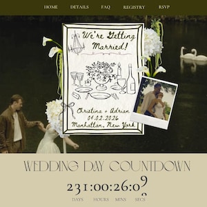 May include: Wedding website design with a dark green and beige color scheme. The design includes a countdown timer, a photo of the couple, and the text "We're Getting Married!" with the couple's names and wedding date.