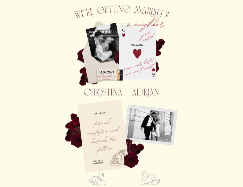 May include: Wedding invitation design with a cream background, featuring photos, text, and floral accents. The text includes "We're Getting Married!" and the names "Christina + Adrian." The date "04.02.2027" is also visible.