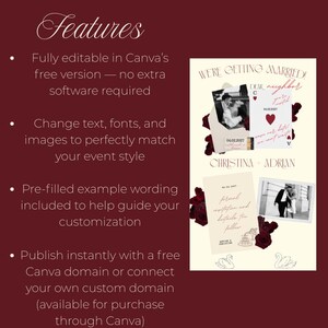 May include: A wedding invitation design with a cream background and burgundy accents. The design includes photos, playing card motifs, and the text "We're Getting Married!" and "Christina + Adrian". The design is fully editable in Canva.