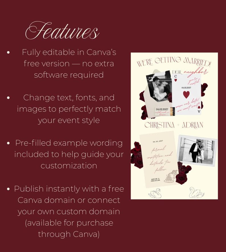May include: A wedding invitation design with a cream background and burgundy accents. The design includes photos, playing card motifs, and the text "We're Getting Married!" and "Christina + Adrian". The design is fully editable in Canva.