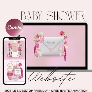 May include: A pink baby shower website design with a butterfly theme, displayed on a laptop and a smartphone. The design includes floral accents, the text "Open Me" on an envelope, and the Canva logo. The website is mobile and desktop friendly.