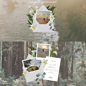 May include: Wedding invitation design featuring a white envelope with photos of a couple on a beach. Text reads "Adrian & Christina are getting married!" and "Big Sur, California, April 2nd, 2027." Floral accents complete the design.