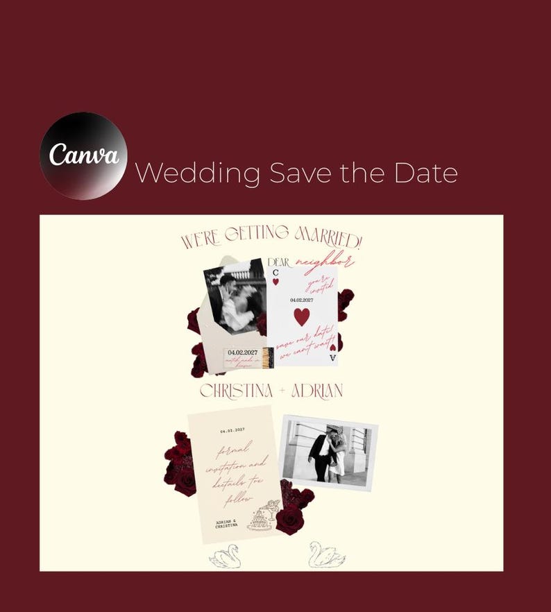 May include: A wedding save-the-date card with a burgundy background. The card features the text "Wedding Save the Date" and "We're getting married!" with the names "Christina + Adrian". It includes photos and decorative elements.