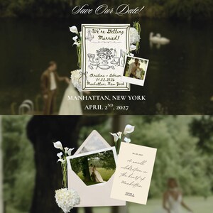 May include: A wedding announcement with the text "Save Our Date!" and "We're Getting Married!" is displayed. The announcement includes the names Christina and Adrian, the date 04.02.2026, and the location Manhattan, New York. A photo of the couple is included.