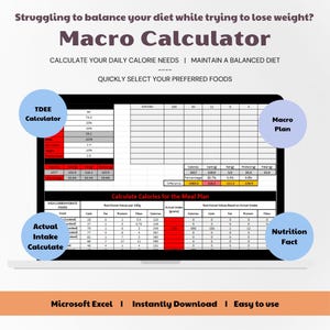 Macro Nutrition Calculator Excel | 100+ Common Foods Nutrition Information | Auto Calorie Tracker | TDEE Calculator | Easy to use