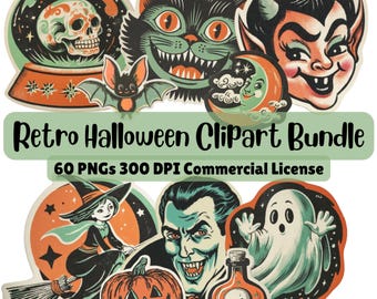 Pegatinas retro de Halloween, imágenes prediseñadas, 60 imágenes PNG vintage de Halloween, recortes precisos, calabazas, brujas, licencia comercial, descarga digital para manualidades.